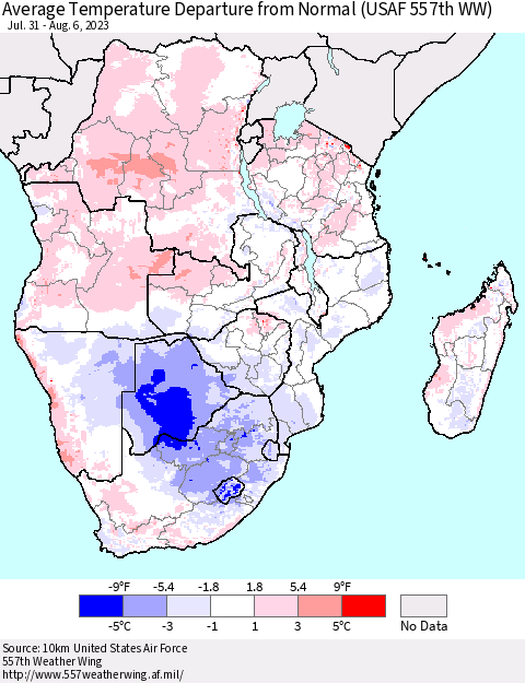 Southern Africa Average Temperature Departure from Normal (USAF 557th WW) Thematic Map For 7/31/2023 - 8/6/2023
