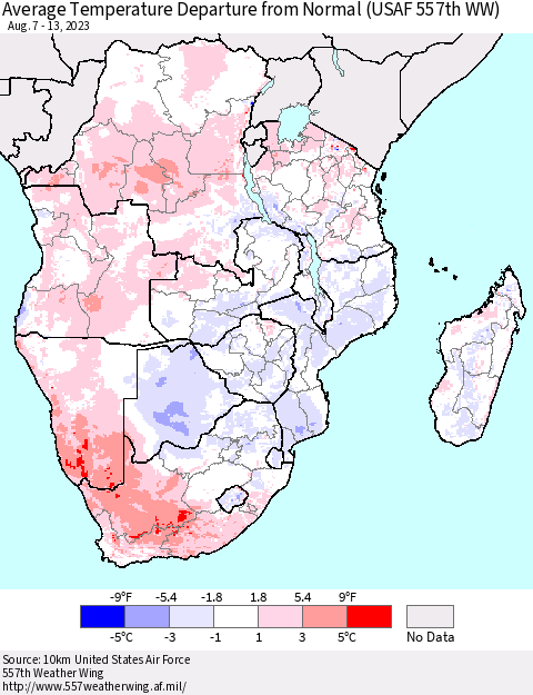 Southern Africa Average Temperature Departure from Normal (USAF 557th WW) Thematic Map For 8/7/2023 - 8/13/2023