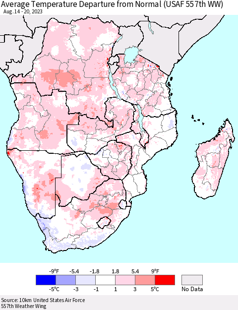 Southern Africa Average Temperature Departure from Normal (USAF 557th WW) Thematic Map For 8/14/2023 - 8/20/2023