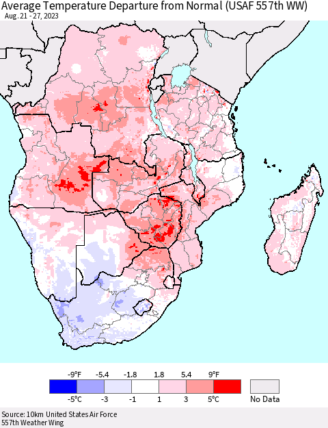 Southern Africa Average Temperature Departure from Normal (USAF 557th WW) Thematic Map For 8/21/2023 - 8/27/2023