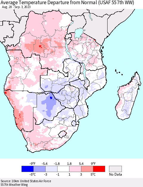 Southern Africa Average Temperature Departure from Normal (USAF 557th WW) Thematic Map For 8/28/2023 - 9/3/2023