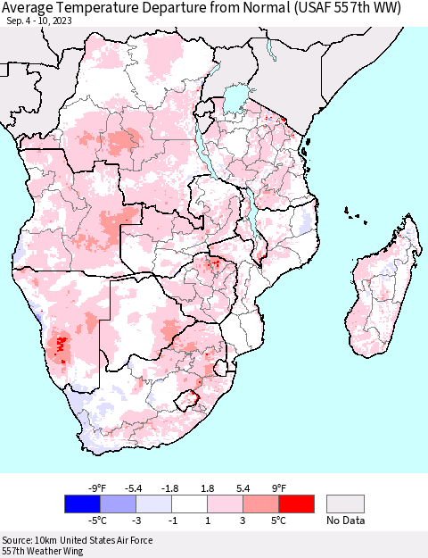 Southern Africa Average Temperature Departure from Normal (USAF 557th WW) Thematic Map For 9/4/2023 - 9/10/2023