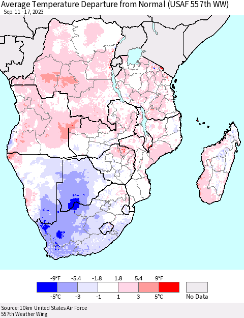 Southern Africa Average Temperature Departure from Normal (USAF 557th WW) Thematic Map For 9/11/2023 - 9/17/2023