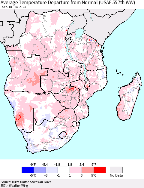 Southern Africa Average Temperature Departure from Normal (USAF 557th WW) Thematic Map For 9/18/2023 - 9/24/2023