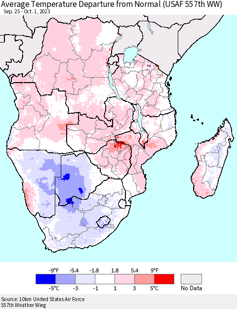 Southern Africa Average Temperature Departure from Normal (USAF 557th WW) Thematic Map For 9/25/2023 - 10/1/2023