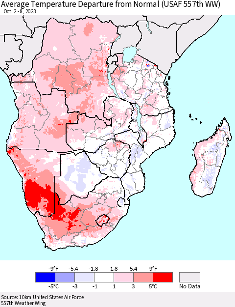 Southern Africa Average Temperature Departure from Normal (USAF 557th WW) Thematic Map For 10/2/2023 - 10/8/2023