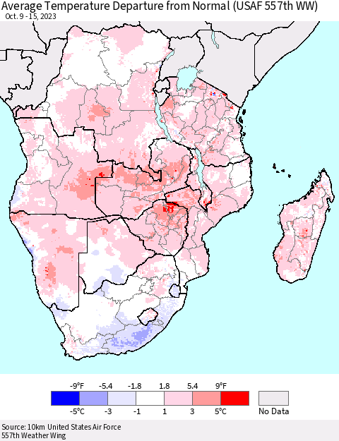 Southern Africa Average Temperature Departure from Normal (USAF 557th WW) Thematic Map For 10/9/2023 - 10/15/2023