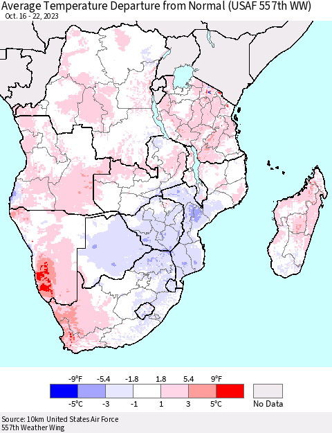 Southern Africa Average Temperature Departure from Normal (USAF 557th WW) Thematic Map For 10/16/2023 - 10/22/2023