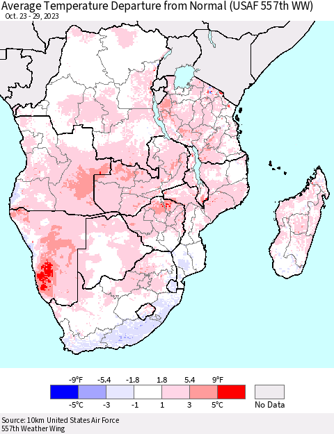 Southern Africa Average Temperature Departure from Normal (USAF 557th WW) Thematic Map For 10/23/2023 - 10/29/2023