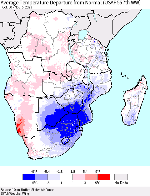 Southern Africa Average Temperature Departure from Normal (USAF 557th WW) Thematic Map For 10/30/2023 - 11/5/2023