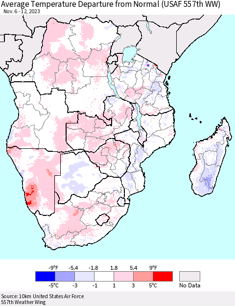 Southern Africa Average Temperature Departure from Normal (USAF 557th WW) Thematic Map For 11/6/2023 - 11/12/2023