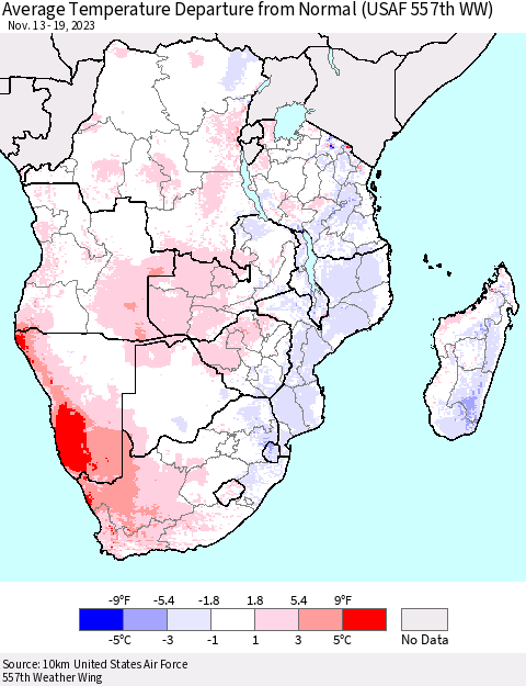 Southern Africa Average Temperature Departure from Normal (USAF 557th WW) Thematic Map For 11/13/2023 - 11/19/2023