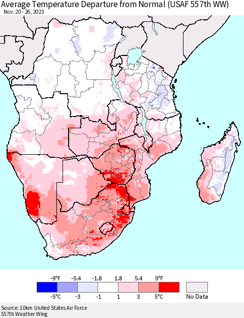 Southern Africa Average Temperature Departure from Normal (USAF 557th WW) Thematic Map For 11/20/2023 - 11/26/2023
