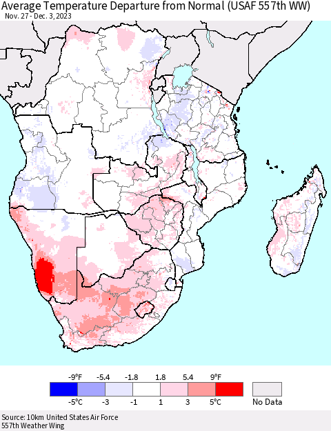 Southern Africa Average Temperature Departure from Normal (USAF 557th WW) Thematic Map For 11/27/2023 - 12/3/2023