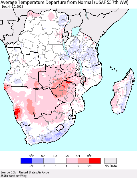 Southern Africa Average Temperature Departure from Normal (USAF 557th WW) Thematic Map For 12/4/2023 - 12/10/2023
