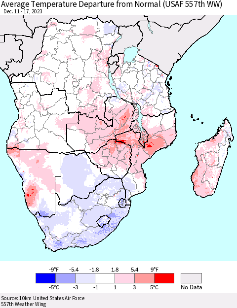 Southern Africa Average Temperature Departure from Normal (USAF 557th WW) Thematic Map For 12/11/2023 - 12/17/2023