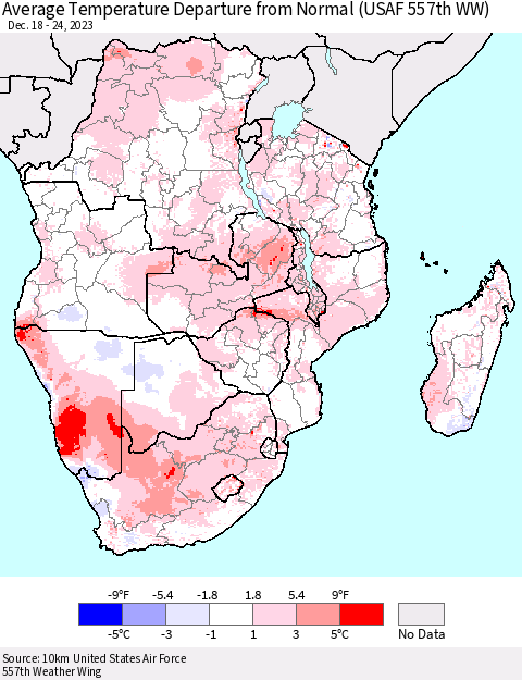 Southern Africa Average Temperature Departure from Normal (USAF 557th WW) Thematic Map For 12/18/2023 - 12/24/2023