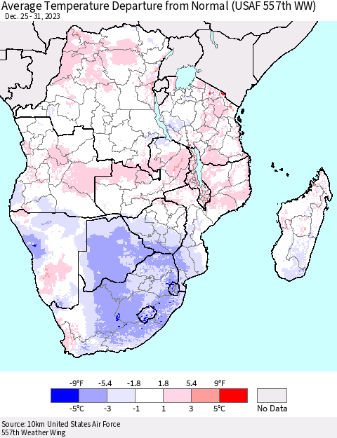 Southern Africa Average Temperature Departure from Normal (USAF 557th WW) Thematic Map For 12/25/2023 - 12/31/2023