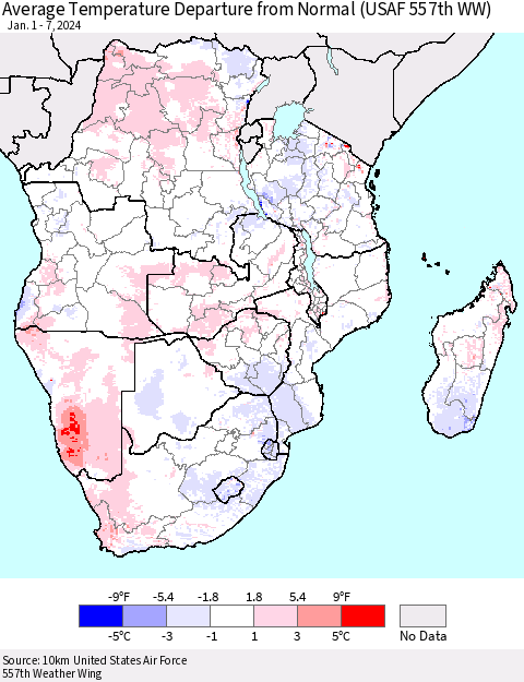 Southern Africa Average Temperature Departure from Normal (USAF 557th WW) Thematic Map For 1/1/2024 - 1/7/2024