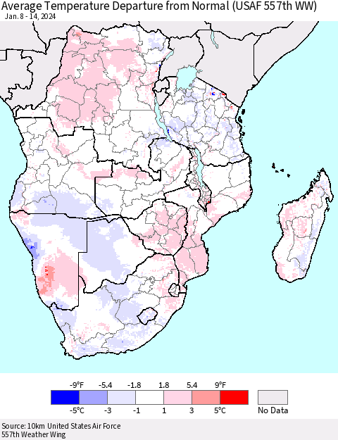 Southern Africa Average Temperature Departure from Normal (USAF 557th WW) Thematic Map For 1/8/2024 - 1/14/2024