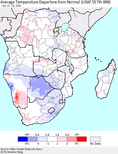 Southern Africa Average Temperature Departure from Normal (USAF 557th WW) Thematic Map For 1/15/2024 - 1/21/2024