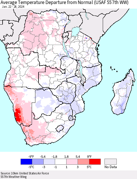 Southern Africa Average Temperature Departure from Normal (USAF 557th WW) Thematic Map For 1/22/2024 - 1/28/2024