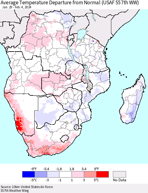 Southern Africa Average Temperature Departure from Normal (USAF 557th WW) Thematic Map For 1/29/2024 - 2/4/2024