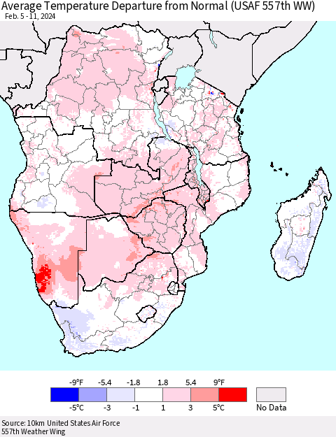 Southern Africa Average Temperature Departure from Normal (USAF 557th WW) Thematic Map For 2/5/2024 - 2/11/2024