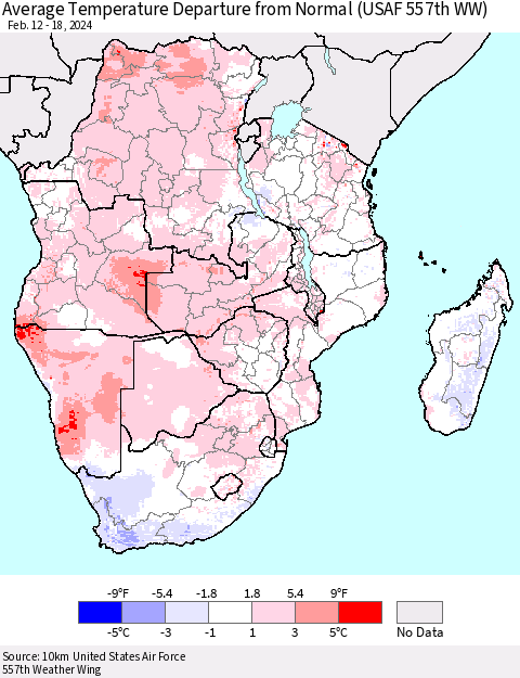 Southern Africa Average Temperature Departure from Normal (USAF 557th WW) Thematic Map For 2/12/2024 - 2/18/2024