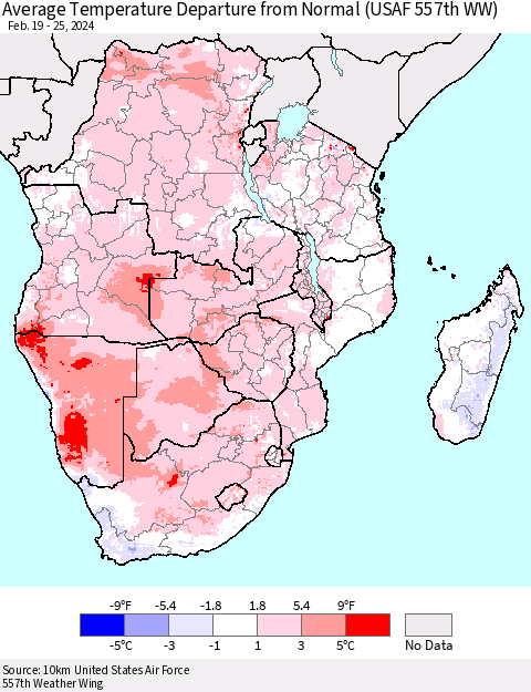 Southern Africa Average Temperature Departure from Normal (USAF 557th WW) Thematic Map For 2/19/2024 - 2/25/2024