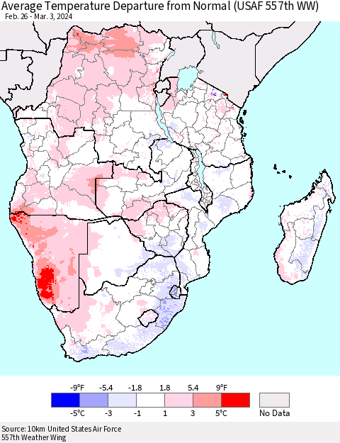 Southern Africa Average Temperature Departure from Normal (USAF 557th WW) Thematic Map For 2/26/2024 - 3/3/2024