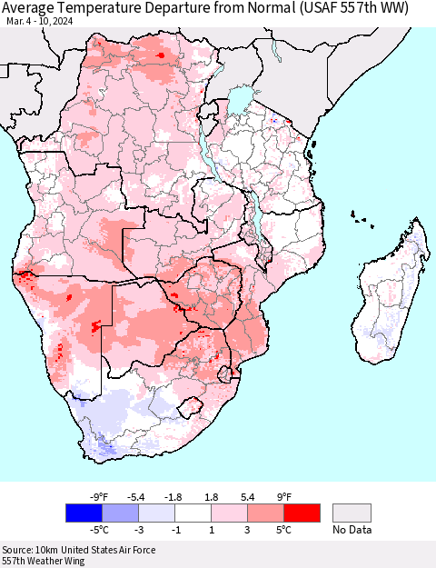Southern Africa Average Temperature Departure from Normal (USAF 557th WW) Thematic Map For 3/4/2024 - 3/10/2024