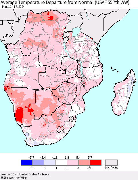 Southern Africa Average Temperature Departure from Normal (USAF 557th WW) Thematic Map For 3/11/2024 - 3/17/2024