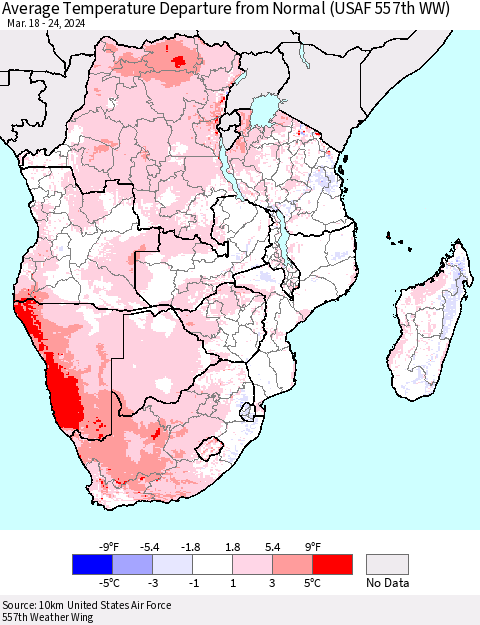 Southern Africa Average Temperature Departure from Normal (USAF 557th WW) Thematic Map For 3/18/2024 - 3/24/2024