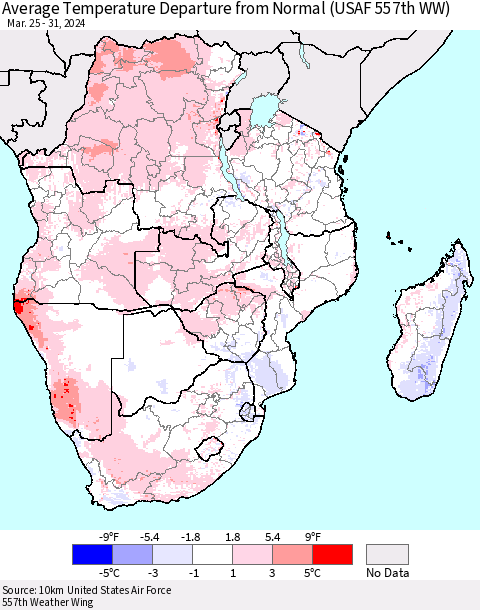 Southern Africa Average Temperature Departure from Normal (USAF 557th WW) Thematic Map For 3/25/2024 - 3/31/2024