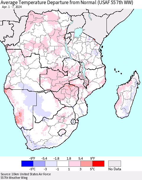 Southern Africa Average Temperature Departure from Normal (USAF 557th WW) Thematic Map For 4/1/2024 - 4/7/2024