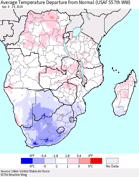 Southern Africa Average Temperature Departure from Normal (USAF 557th WW) Thematic Map For 4/8/2024 - 4/14/2024