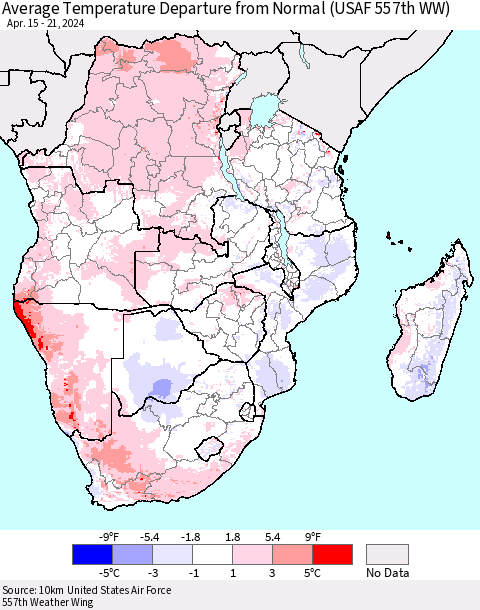 Southern Africa Average Temperature Departure from Normal (USAF 557th WW) Thematic Map For 4/15/2024 - 4/21/2024