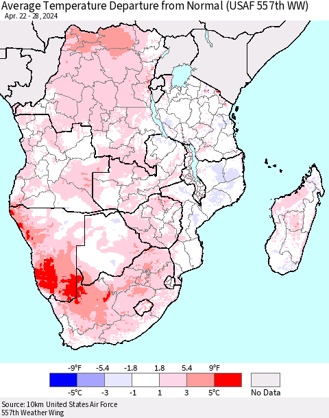 Southern Africa Average Temperature Departure from Normal (USAF 557th WW) Thematic Map For 4/22/2024 - 4/28/2024