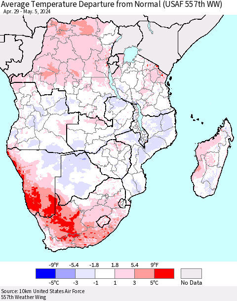 Southern Africa Average Temperature Departure from Normal (USAF 557th WW) Thematic Map For 4/29/2024 - 5/5/2024