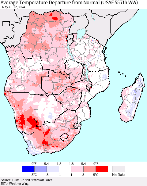 Southern Africa Average Temperature Departure from Normal (USAF 557th WW) Thematic Map For 5/6/2024 - 5/12/2024