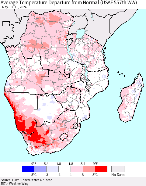 Southern Africa Average Temperature Departure from Normal (USAF 557th WW) Thematic Map For 5/13/2024 - 5/19/2024