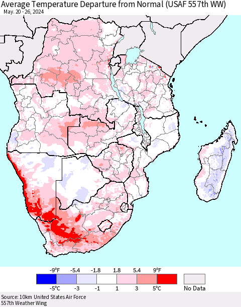 Southern Africa Average Temperature Departure from Normal (USAF 557th WW) Thematic Map For 5/20/2024 - 5/26/2024