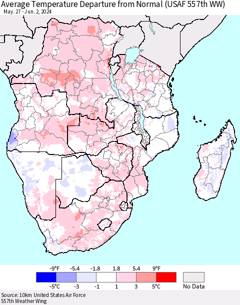 Southern Africa Average Temperature Departure from Normal (USAF 557th WW) Thematic Map For 5/27/2024 - 6/2/2024