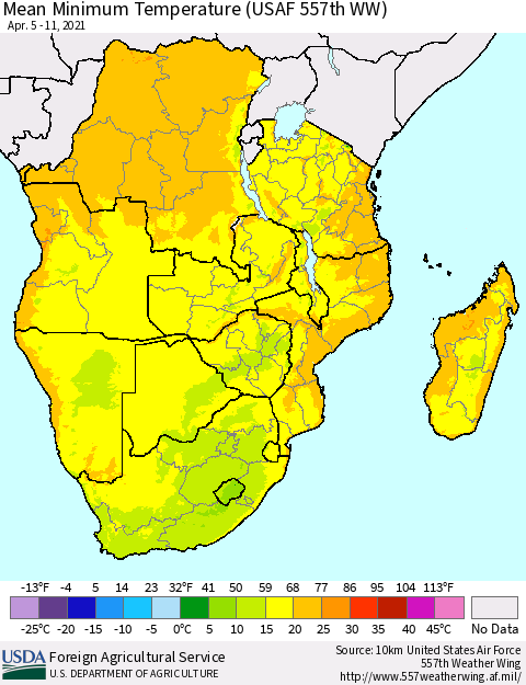 Southern Africa Mean Minimum Temperature (USAF 557th WW) Thematic Map For 4/5/2021 - 4/11/2021