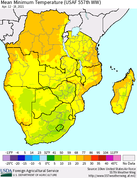 Southern Africa Mean Minimum Temperature (USAF 557th WW) Thematic Map For 4/12/2021 - 4/18/2021