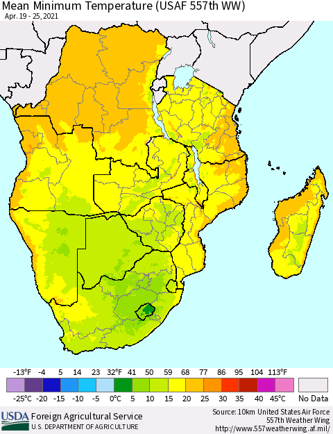 Southern Africa Mean Minimum Temperature (USAF 557th WW) Thematic Map For 4/19/2021 - 4/25/2021