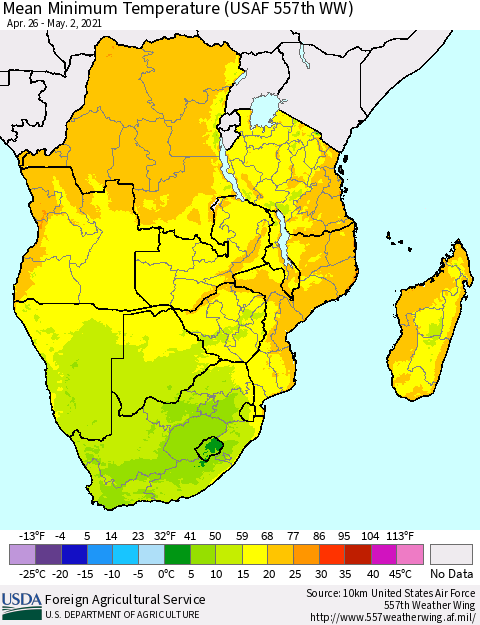 Southern Africa Mean Minimum Temperature (USAF 557th WW) Thematic Map For 4/26/2021 - 5/2/2021