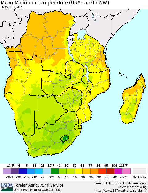 Southern Africa Mean Minimum Temperature (USAF 557th WW) Thematic Map For 5/3/2021 - 5/9/2021
