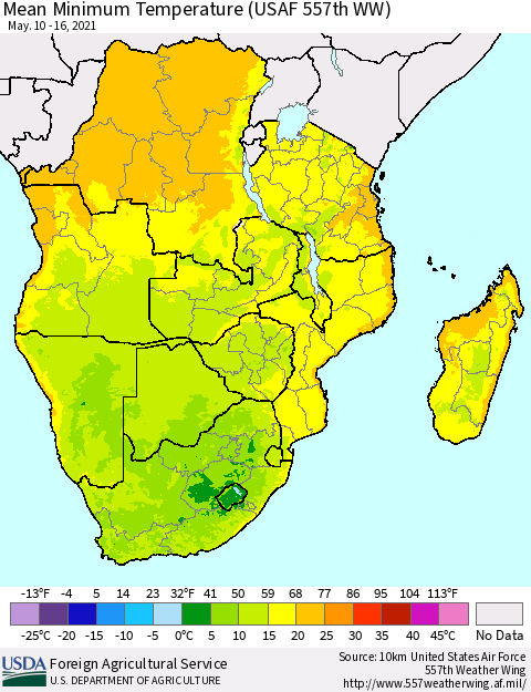 Southern Africa Mean Minimum Temperature (USAF 557th WW) Thematic Map For 5/10/2021 - 5/16/2021